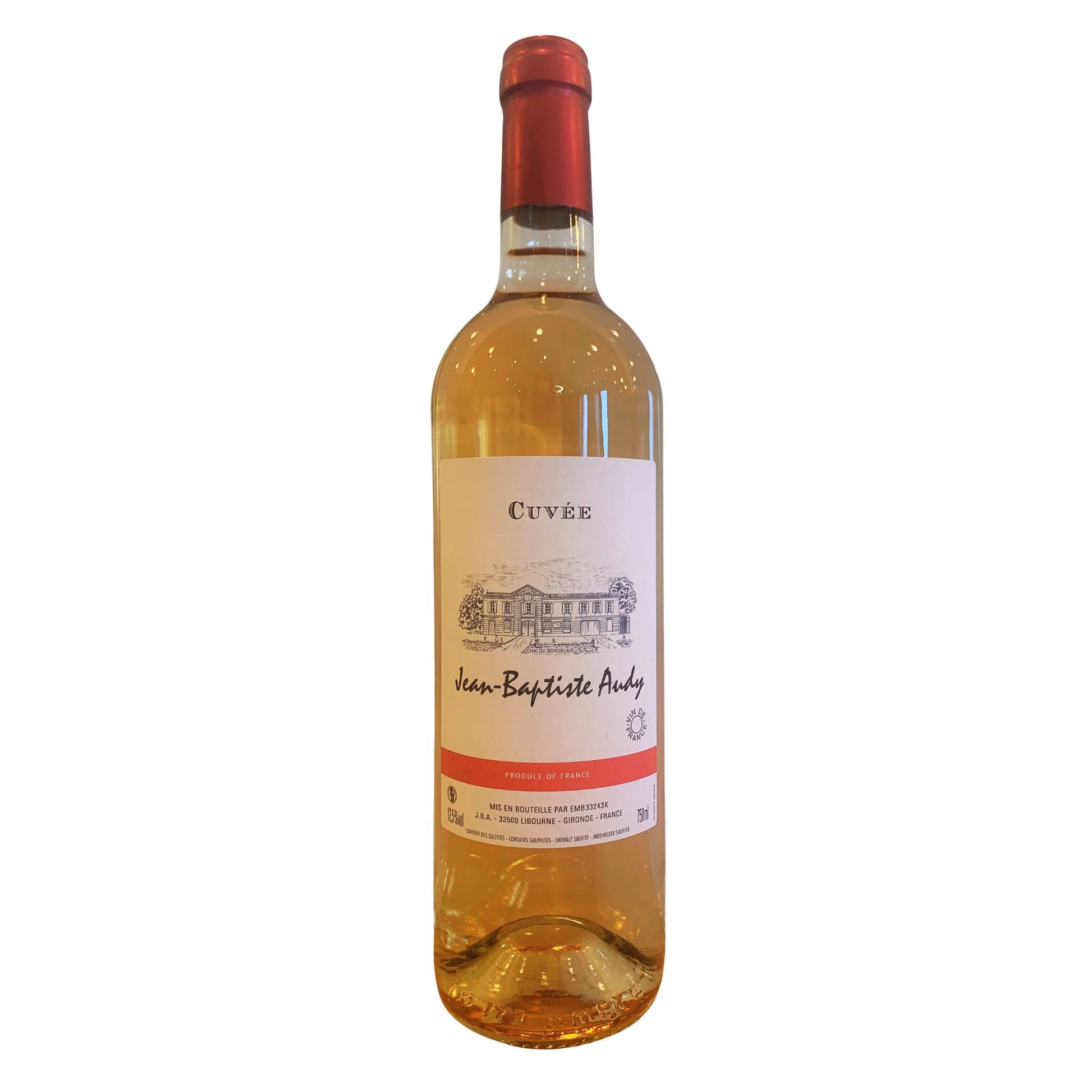 Wine bottle with a label on a white background