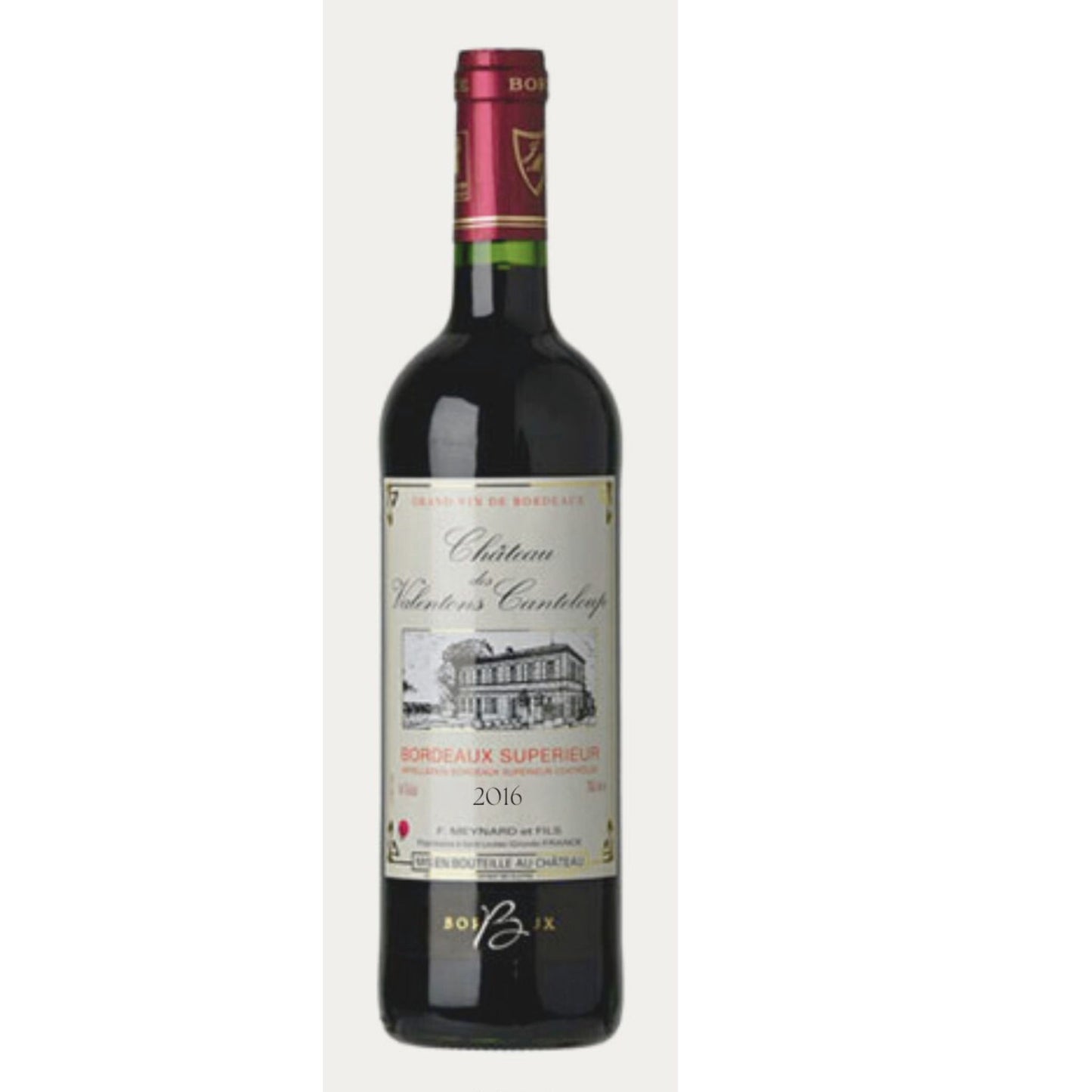 Red wine bottle with a label on a white background
