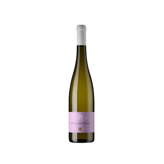 Wine bottle with a purple label on a white background