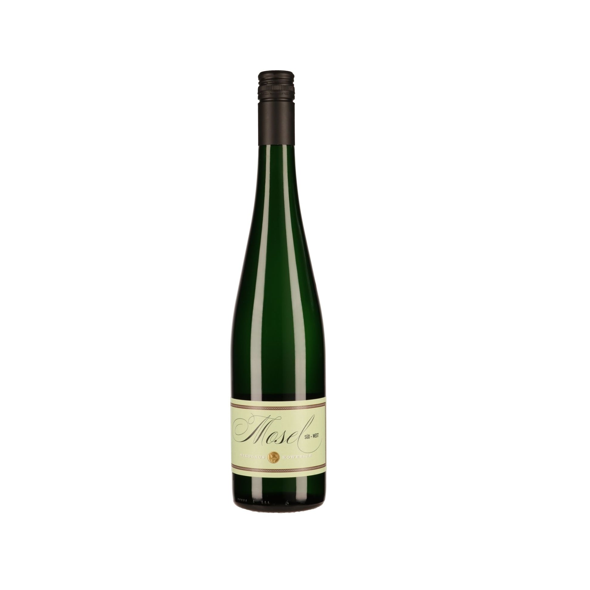Wine bottle with a green label on a white background